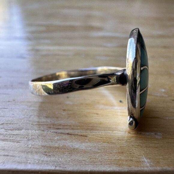 VTG Zuni‎ Ring Sz 8.75 Turquoise Inlay Native Southwest 925 Sterling Silver 2.2g - Picture 6 of 8
